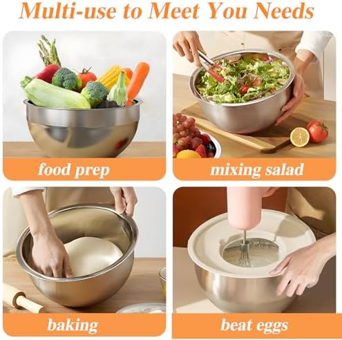 Mixing Bowls with Lids Set, 6 PCS Stainless Steel Mixing Bowls with 3 Grater Attachments, Kitchen Food Storage Organizers Nesting Mixing Bowl, Large Size 4.5, 3.5, 2.1, 1.5, 1.1, 0.7QT