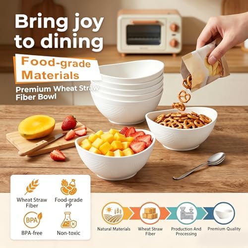 Soup Bowls Sets of 6, Unbreakable Wheat Straw Bowls 26oz - White
