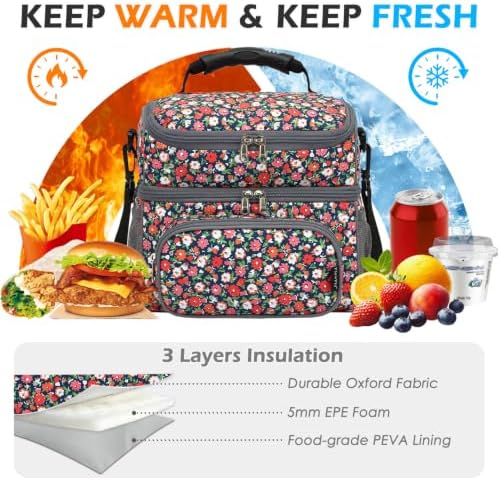 FlowFly Double Layer Cooler Insulated Lunch Bag Adult Lunch Box Large Tote Bag for Men, Women, With Adjustable Strap,Front Pocket and Dual Large Mesh Side Pockets