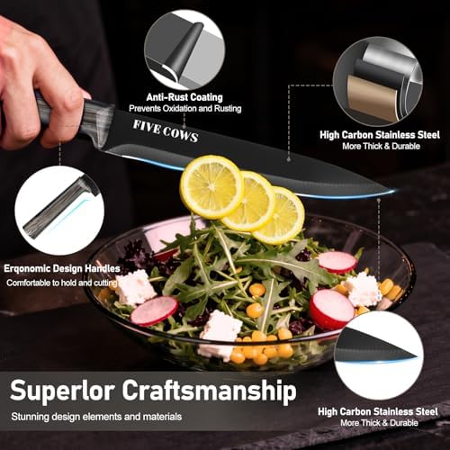 16-Piece Kitchen Knife Block Set with Cutting Board - German Stainless Steel Knives, Built-In Sharpener, Dishwasher Safe, Anti-Slip Handle - All-in-One Cutlery Set for Home/Kitchen (Black)