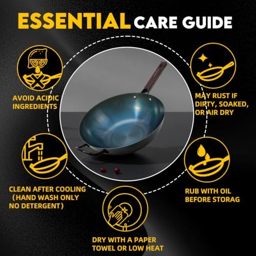 13.5" Blue Carbon Steel Wok, Pre-Seasoned Flat Bottom Wok Pan