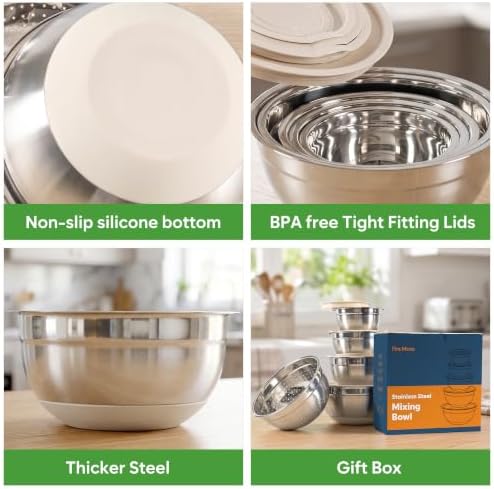 Fire More Mixing Bowls with Airtight Lids Set, Stainless Steel Salad Bowls with Non-Slip Silicone Bottoms, 8PCS Nesting Kitchen Bowls with Colander,Grater Attachments, for Mixing Cooking Prep