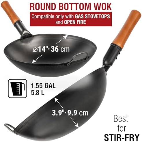 YOSUKATA Carbon Steel Wok Pan - 14 “ Woks and Stir Fry Pans PLUS 17" Wok Spatula and Ladle Skimmer Spoon PLUS Wok Lid 13.6 Inch