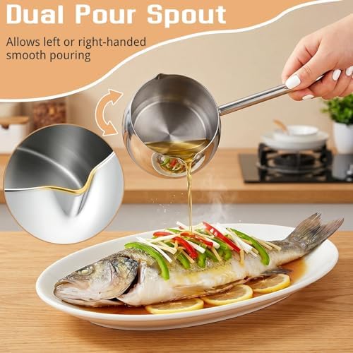 SOUJOY 2Pcs Stainless Steel Oil Ladle with Dual Pour Spout, 9oz Sauce Scoop