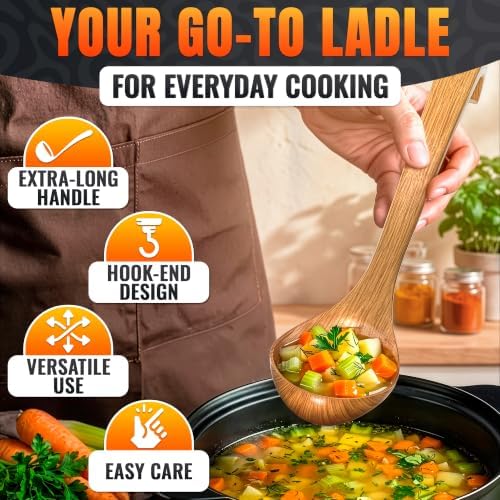 Bamboo Ladle for Soup, 10.8x2.8 In, Deep Bowl, Hook-End Handle