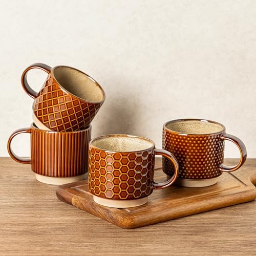 GBhome 12 OZ Stackable Coffee Mugs Set of 4, Ceramic Coffee Cups Set