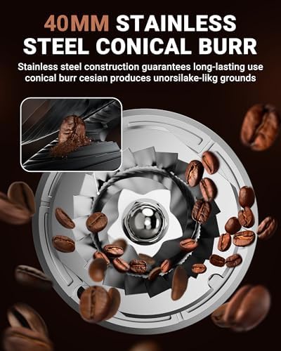 AMZCHEF Burr Coffee Grinder, 48 Settings, Less Static Mess, Metallic Silver