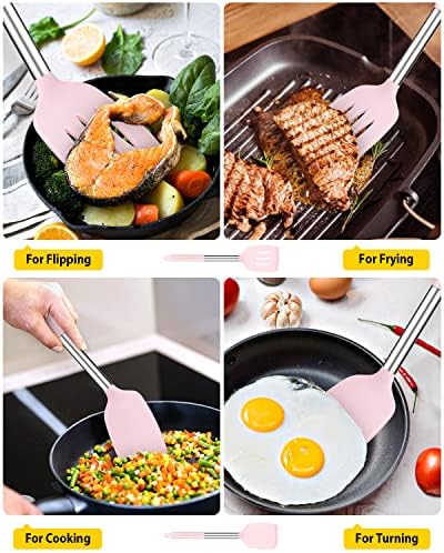 Pack of 2 Silicone Solid Turner, Non Stick Slotted Kitchen Spatulas, High Heat Resistant BPA Free Cooking Utensils, Ideal Cookware for Fish, Eggs, Pancakes(Pink)
