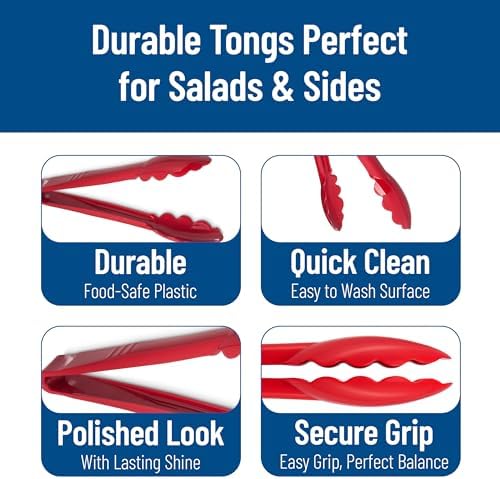 Carlisle FoodService Products Carly Tongs, Plastic Serving Tongs, for Kitchens, Restaurants, and Catering, Acetal, 8.85 Inches, Red, (Pack of 12)