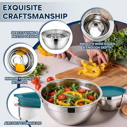 E-far Mixing Bowls with Lids Set, Stainless Steel Cooking Salad Bowls, Blue