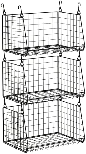 3-Pack Hanging Laundry Room Organizaton：Foldable Laundry Basket Wire Basket with 360°Rotating Hooks Small Space Organization Over Washer and Dryer Shelves - Hanging Closet Organizer, Black Patent