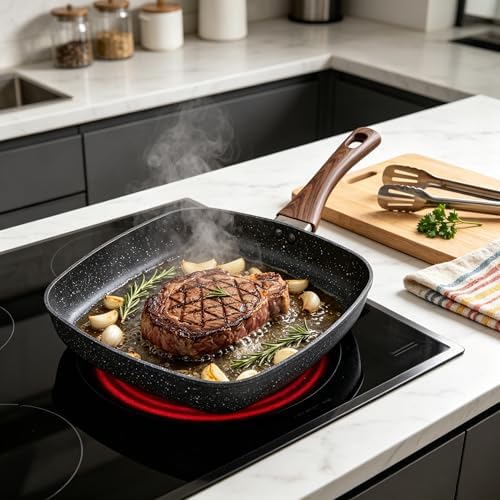 Nonstick 11 inch Square Grill Pan for Steak, Granite Coating for Gas Induction All Stovetops Compatible (9.5 X 9.5 X 1.7 inch)