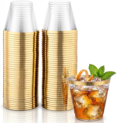 Hioasis 100Pcs 9OZ Clear Plastic Cups with Gold Trim