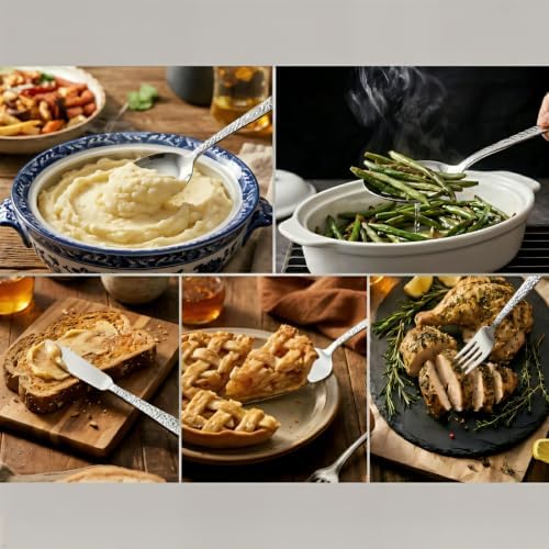 E-far Hammered Serving Utensils, 5-Piece Stainless Steel Square Hostess Serving Set for Buffet Party Kitchen Restaurant, Mirror Finished & Dishwasher Safe