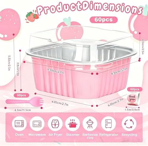 60Pack 5oz Pink Mini Cake Pans with Lids, Spoons and Stickers Baking Cups Aluminum Foil Pans Tins, Individual Dessert Cups Containers for Sales,Party,Picnics