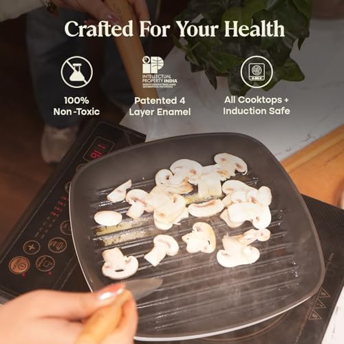 CUMIN CO. Enameled Cast Iron Grill Pan 10 Inch, 1.2 QT Grill Skillet – Non Toxic PFAS Free Cookware – Indoor Grill Pan for Steak, Chicken, Burgers & Vegetables – Induction & Oven Safe (White)