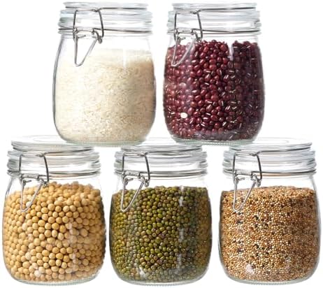5 Pack 25oz Food Storage Jars with Airtight Lids, Preserving Seal Wire Clip Fastening Glass Containers, Canisters for Kitchen Organization, Flour, Cereal, Pasta, Sugar, Beans, Pickling Jars(25 Oz*5)