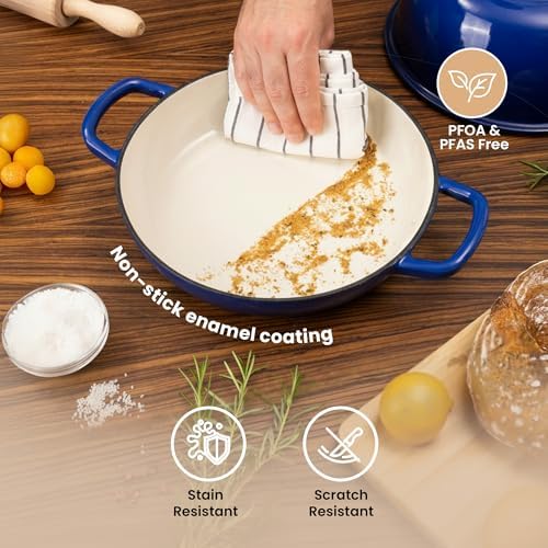 Enamelled Cast Iron Dutch Oven Pot – Dutch Oven For Sourdough Bread Baking – Cast Iron Bread Pot – Dark Blue, 6 Quarts, 26cm – by Nuovva
