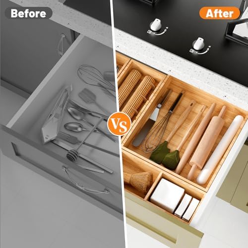 Bamboo Drawer Organizer, 10-Piece Stackable Trays with Removable Dividers