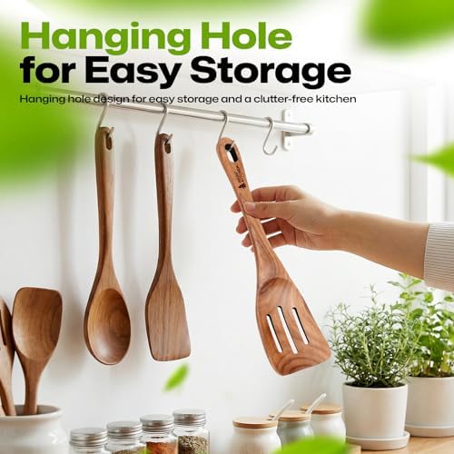 AIUHI Wooden Slotted Spatula for Cooking, Non Toxic Teak Wood Spatula Turner, Slotted Spatula for Cooking with Thick Handle, Comfortable Grip, Heat Resistant and Non Stick