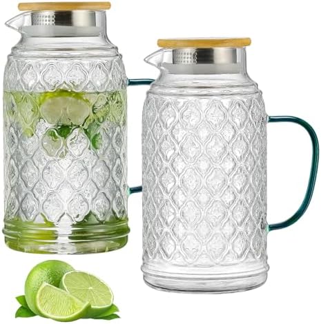 Buaic 2 PACK Glass Pitcher with Bamboo Lid, 68 oz/2L Vintage Water Pitcher, Clear Borosilicate Glass Water Carafe for Cold Brew, Coffee, Lemonade, Iced Sun Tea,Beverage, Heat Resistant Water Glass Jug