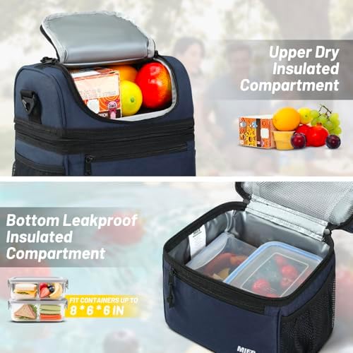 MIER Insulated Lunch Box Bags for Men Women, Dual Compartment, Navy Blue