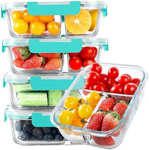 KOMUEE Glass Meal Prep Containers 3 Compartments, 5 Pack 36 oz, Green