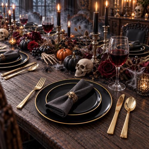 KIRE 200Pcs Black Plastic Plates - Black and Gold Plates Disposable for Party - Include 100 for Dinner and 100 for Dessert for Birthday/Wedding/Halloween