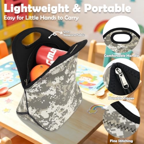 FlowFly Neoprene Lunch Tote Insulated Thermal Reusable Lunch Bag Box for Boys Men with Zipper (Digital Camo)