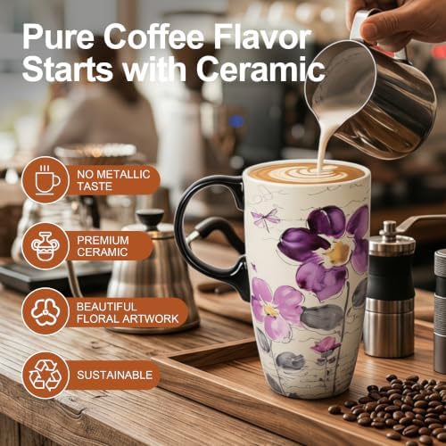Topadorn 17oz Ceramic Travel Mugs Set of 2, Floral Coffee Mugs with Lids