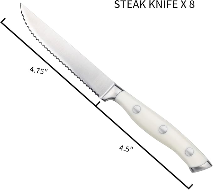 Alata 8-Piece White Steak Knives Set, Stainless Steel Steak Knife set with Serrated Edge, Razor-Sharp, Full-Tang Construction