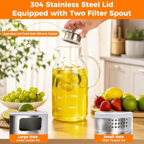 88oz Glass Pitcher, Stainless Steel Lid and Precise Scale Line, Easy Clean Heat Resistant Borosilicate Glass Jug