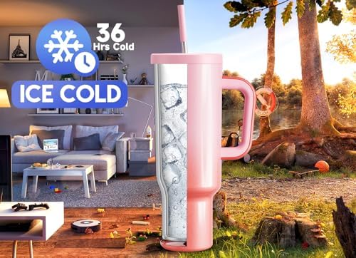 Meoky 50 oz Tumbler with Handle, Tumbler with Lid and Straw, Insulated Stainless Steel Travel Mug, 100% Leak-proof, Keeps Cold for 36 Hours or Hot for 12 Hours (Flamingo)