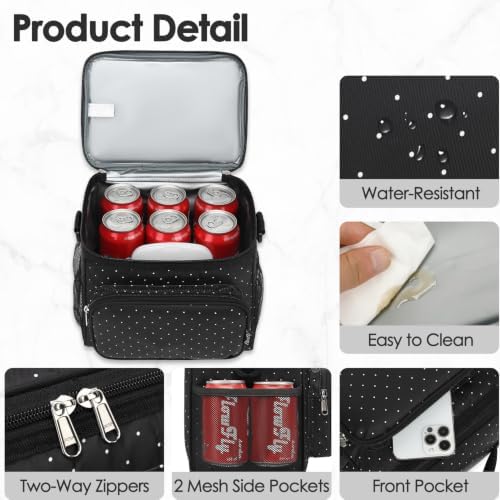 FlowFly Insulated Reusable Lunch Bag Adult Large Lunch Box for Women and Men with Adjustable Shoulder Strap,Front Zipper Pocket and Dual Large Mesh Side Pockets,Dot