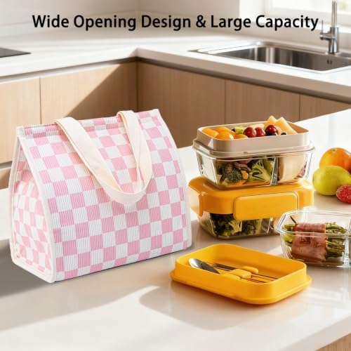Insulated Lunch Bag for Work, 10.2"x5.9"x10.2" Oxford Waterproof Lunch Tote, Thermal Lunch Box for Office, Picnic & Outdoor, Striped Canvas Tote Bag -Check Pink