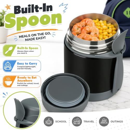 Howeemo 10oz Soup Thermo for Hot Food Kids,Lunch Kids Jar with Spoon Insulated Containers,Leak Proof Stainless Steel Wide Mouth Lunch School(Black)