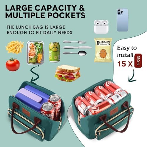 Genteen Lunch Box for Women, Insulated womens Lunch bag for work,Reusable Cute Lunch Bags,High Capacity Cooler BagTote for Work Girls Office Picnic School-Lake Green