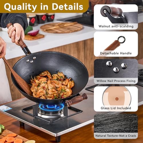 WANGYUANJI 12.6" Cast Iron Wok with Glass Lid, Flat Bottom