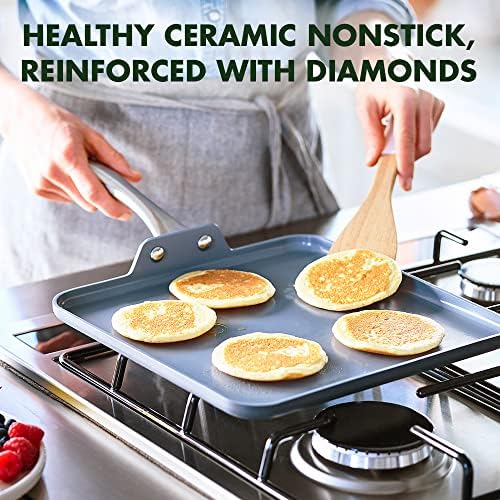 GreenPan Lima Hard Anodized 11” Square Griddle Pan, Ceramic Nonstick, PFAS-Free Nontoxic Pots and Pans, Oven & Broiler Safe, Stainless Steel Handle, Cookware for Eggs & Omelet, Gray