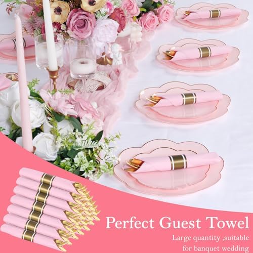 Supernal 30 Pack Gold Plastic Silverware Set with Pre Rolled Pink Napkin