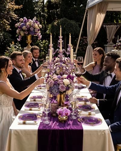 Nervure 350Pcs Purple Plastic Plates, Plastic Dinnerware Set for 50 Guests
