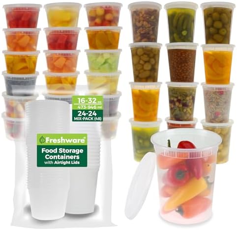 Freshware 48 Pack of 16 and 32 oz, 24 sets each size Food Storage Containers with Lids, Plastic Deli Containers, Meal Prep Containers, Microwave and Freezer Safe, Stackable, Leakproof, BPA Free, Clear