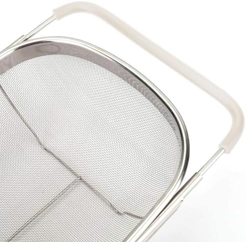 AJIODA Over The Sink Colander, 6 Quarts Stainless Steel Oval Colander with Expandable Rubber Grip Handle, Fine Mesh Strainer Baskets Kitchen Colanders for Strain, Drain, Rinse Vegetable, Fruits, Beige