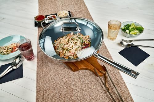 Zwilling Wok, Glass Lid and Removable Grid Insert, Incl. Long Handle, Suitable for Induction, Stainless Steel, Plus,Silver, Ø 32 cm