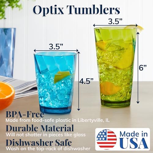 US Acrylic Optix Plastic Reusable Drinking Glasses (Set of 16) 14oz Rocks & 20oz Water Cups in Jewel Tone Colors | BPA-Free Tumblers, Made in USA | Top-Rack Dishwasher Safe