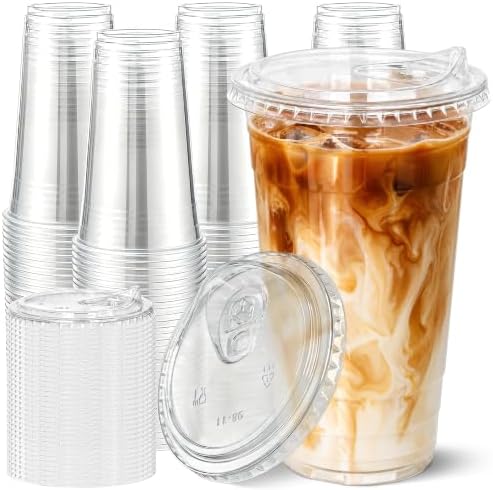 Ginkgo 50 Pack 32 oz Clear Plastic Cups with Strawless Sip Lids