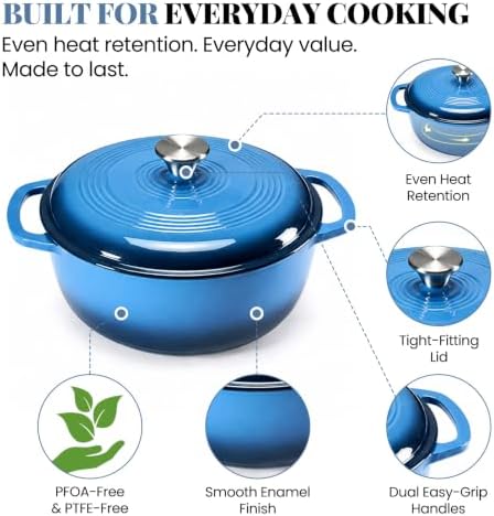 DUMOS Cast Iron Dutch Oven, 6 Quart Pot with Lid, Enameled Heavy Duty Cookware, Oven Safe to 500°F, Perfect for Bread Baking, Stews and Roasting, Moisture Sealing Lid with Dual Handles, Gradient Blue