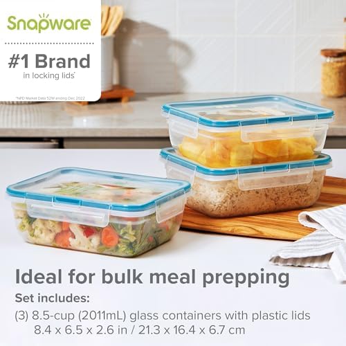 Snapware Food Storage Containers, Plastic, 8.5-Cup, Rectangular | Leakproof & Airtight | BPA-Free | Microwave & Dishwasher Safe | Pack of 6