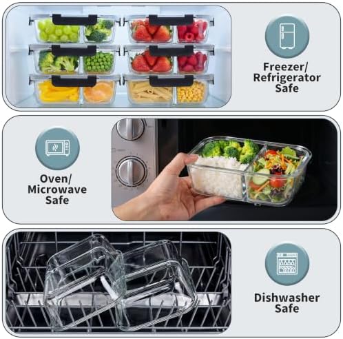 8 Pack 2 Compartment 36oz Borosilicate Glass Meal Prep Containers with Lids