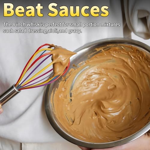 Silicone Whisk Set,Stainless Steel Handle Whisk 8" 10" 12" Rubber Whisks Cooking Non Scratch High Heat Resistant,Balloon Egg Beater for Whisking,Beating,Blending Ingredients,Mixing Sauces,Rainbow